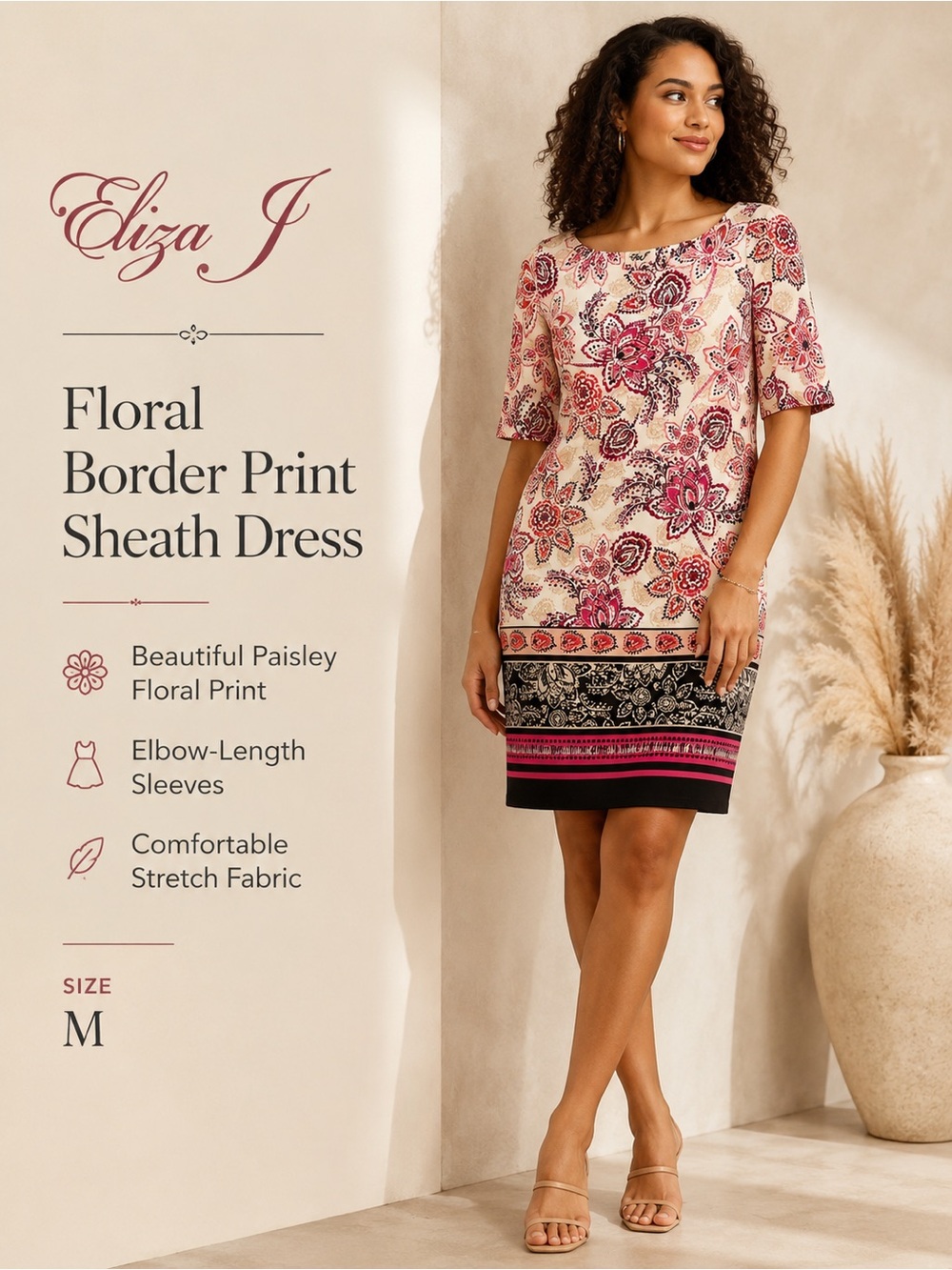 Eliza J Cream and Pink Floral Border Print Tunic